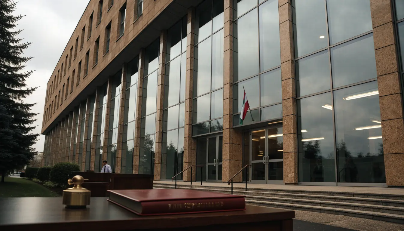 A hivatalos szabályozó hatóság épülete magyar zászlóval.